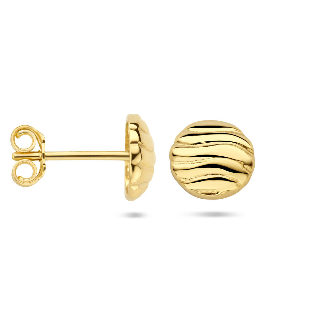 Oorknoppen rondje 14K geelgoud van Van der Kooij Collectie voor dames met een goudkleurig textuurdesign, getoond van voren en opzij. Voorzien van comfortabele vlindersluiting.