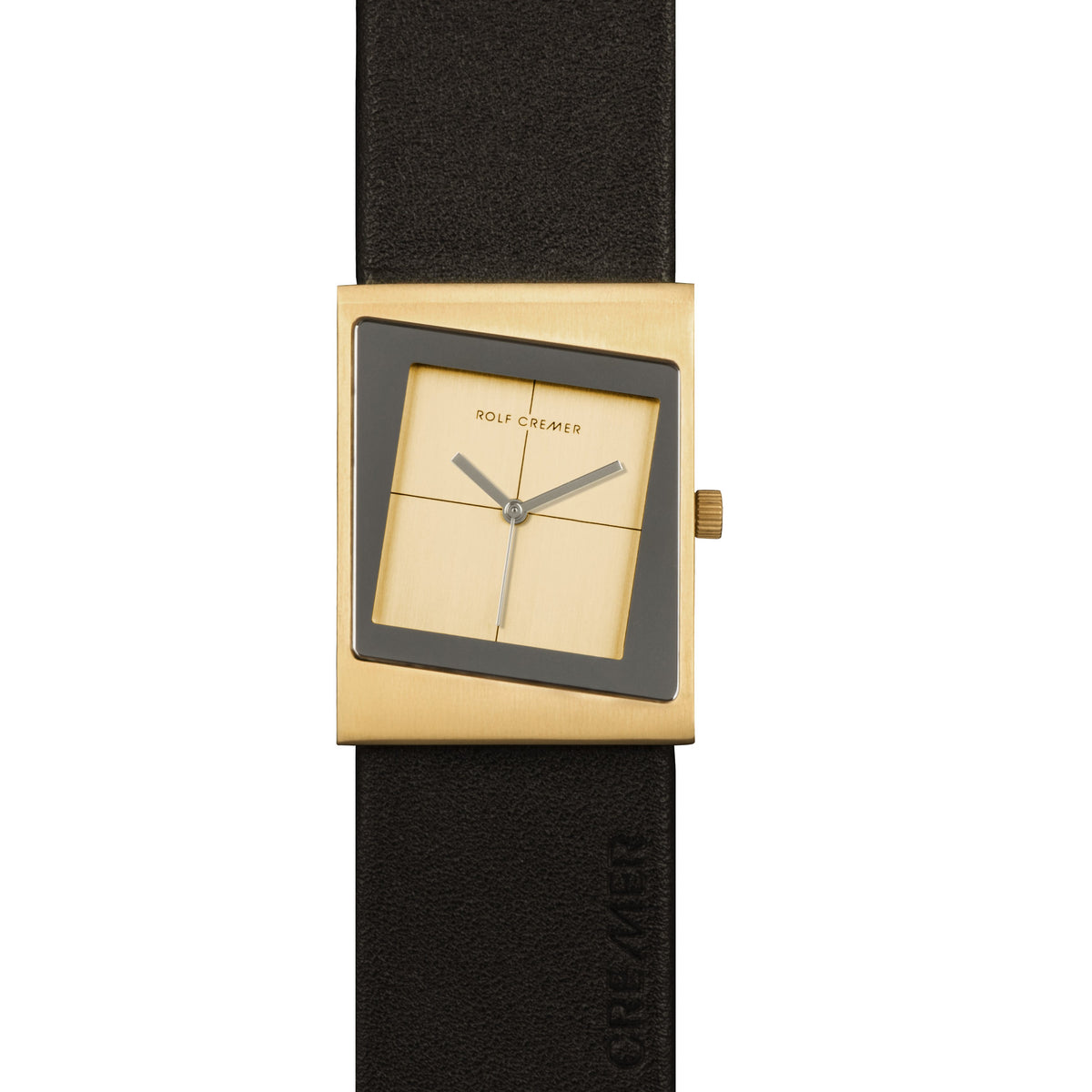 Gouden vierkant horloge met grijze wijzerplaat en zwarte leren band.