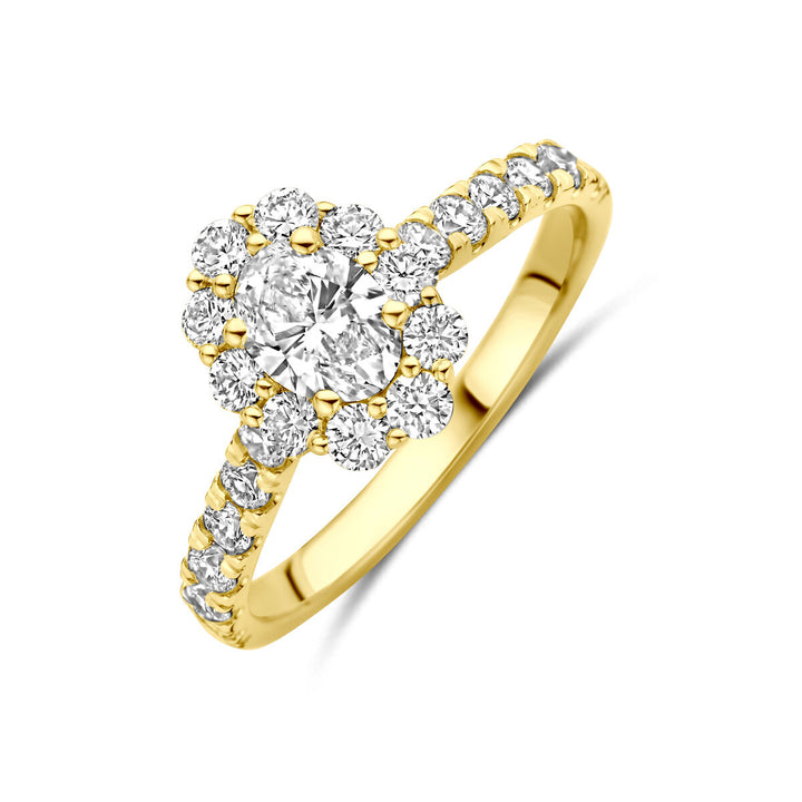 De Van der Kooij Collectie ring van 14K geelgoud heeft een centrale ronde lab-grown diamant van 1.29ct (H SI), omringd door een halo en extra diamanten op de band. Inclusief diamantcertificaat voor gegarandeerde kwaliteit.