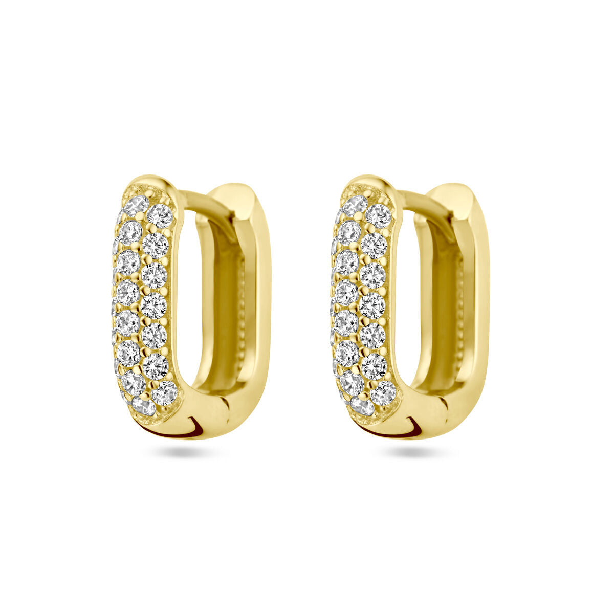 Klapoorringen van 14K geelgoud met een rij van 10 diamanten (0.36ct totaal) in een moderne, afgeronde vorm.