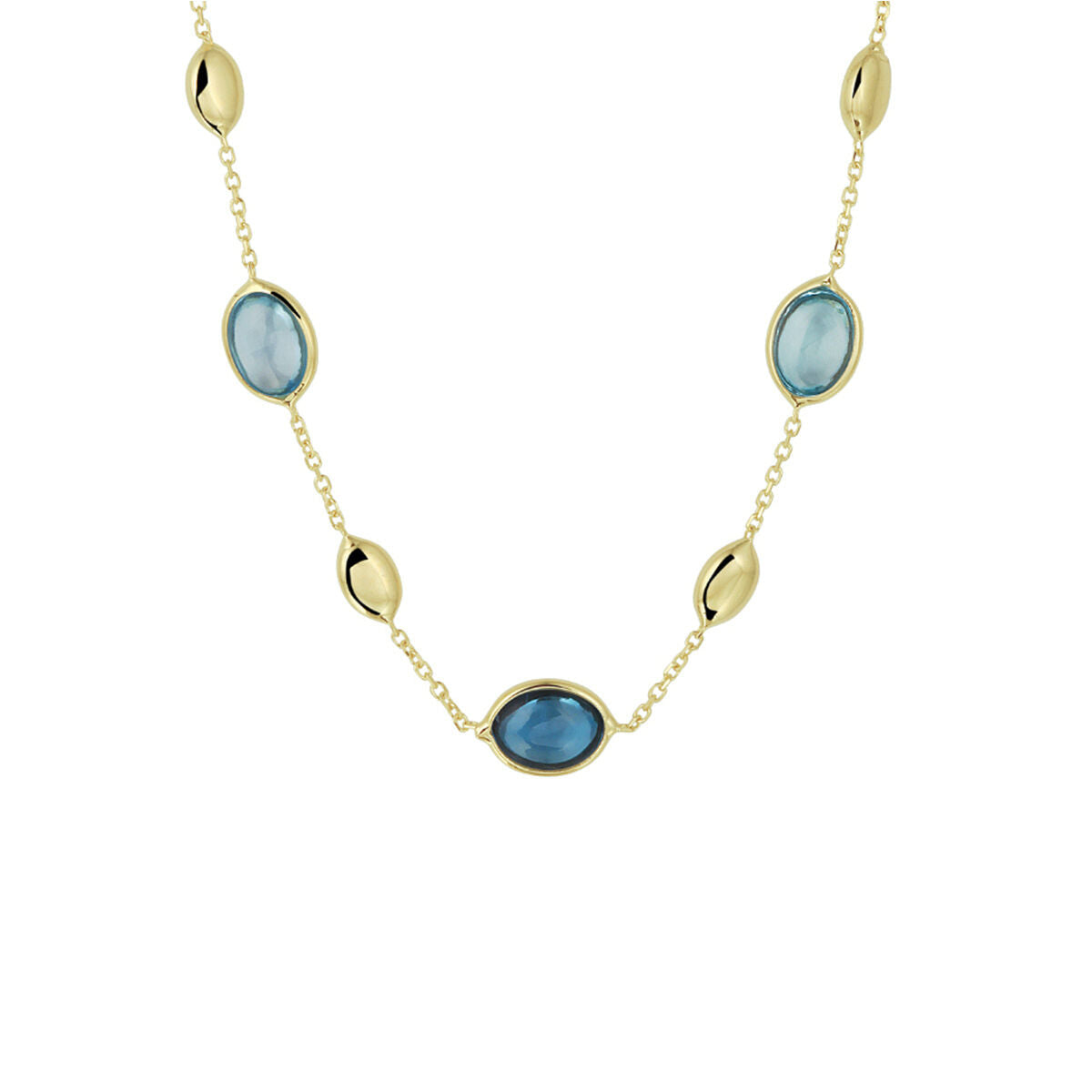 Gouden damesketting met London blue en blauwe topaas edelstenen in ovale vormen.