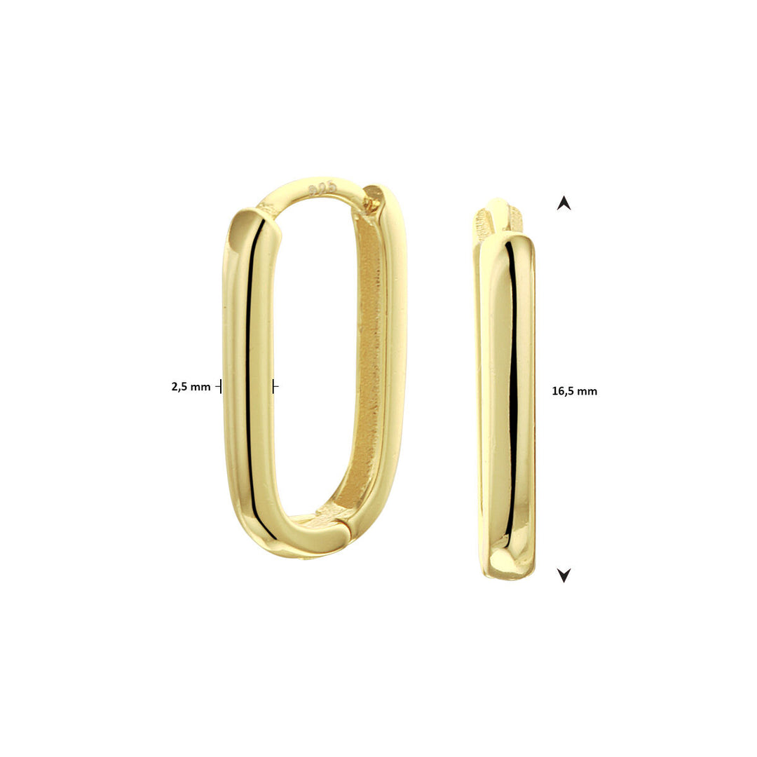 Twee aanzichten van de Van der Kooij Collectie klapoorringen paperclip 1 micron zilver verguld (geel): de 2,5 mm brede voorkant en het 16,5 mm hoge zijprofiel, beide afgebeeld tegen een witte achtergrond.