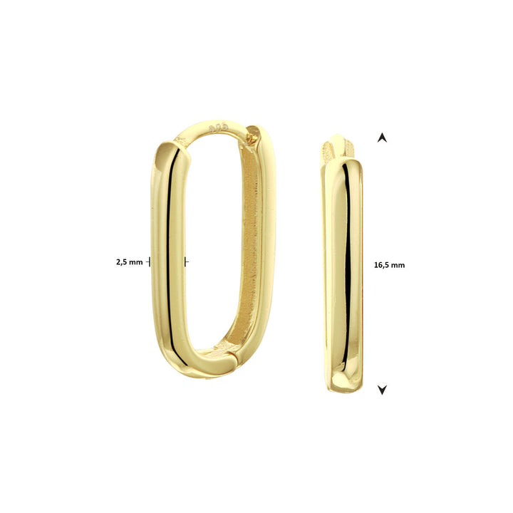 Twee aanzichten van de Van der Kooij Collectie klapoorringen paperclip 1 micron zilver verguld (geel): de 2,5 mm brede voorkant en het 16,5 mm hoge zijprofiel, beide afgebeeld tegen een witte achtergrond.