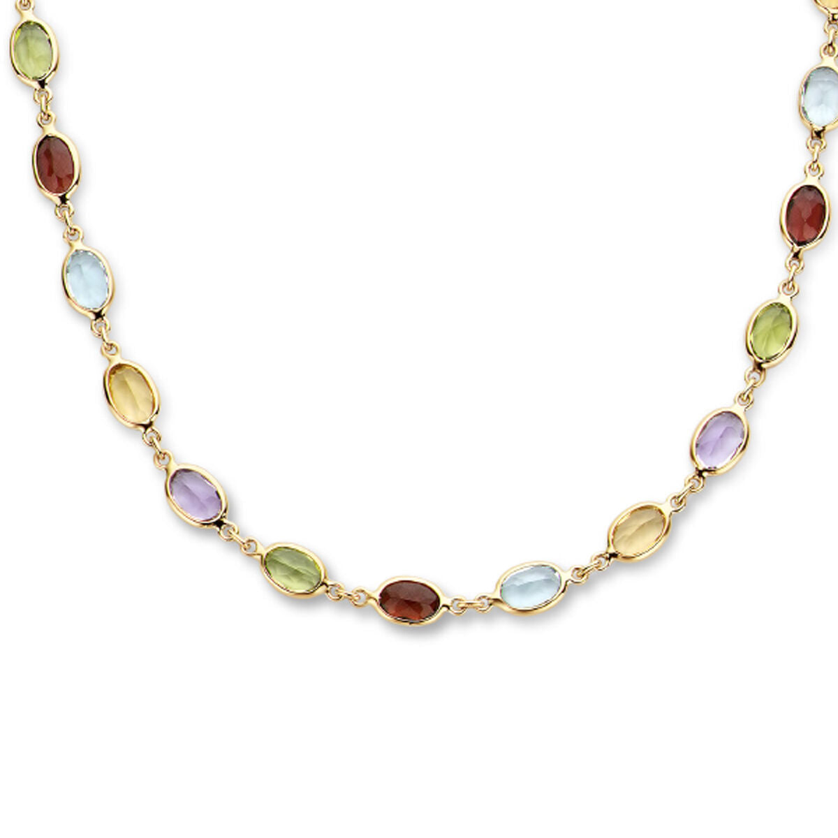 De Van der Kooij Collectie Gouden dames ketting natuurlijke kleurstenen 14K heeft bezel-set ovale edelstenen in rood, groen, blauw, geel en paars voor een luxe uitstraling die levendige kleur toevoegt aan elke outfit.