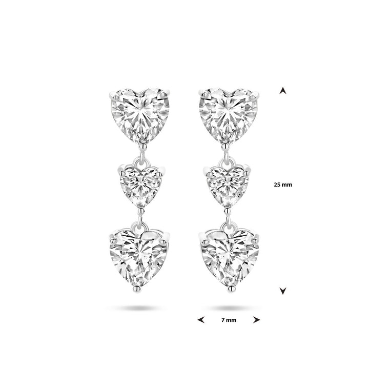 Van der Kooij Collectie oorhangers hartjes zirkonia: gerhodineerd zilver, 25 mm lang en 7 mm breed, met drie zirkonia hartjes in verticale rij. Perfect valentijnscadeau!.