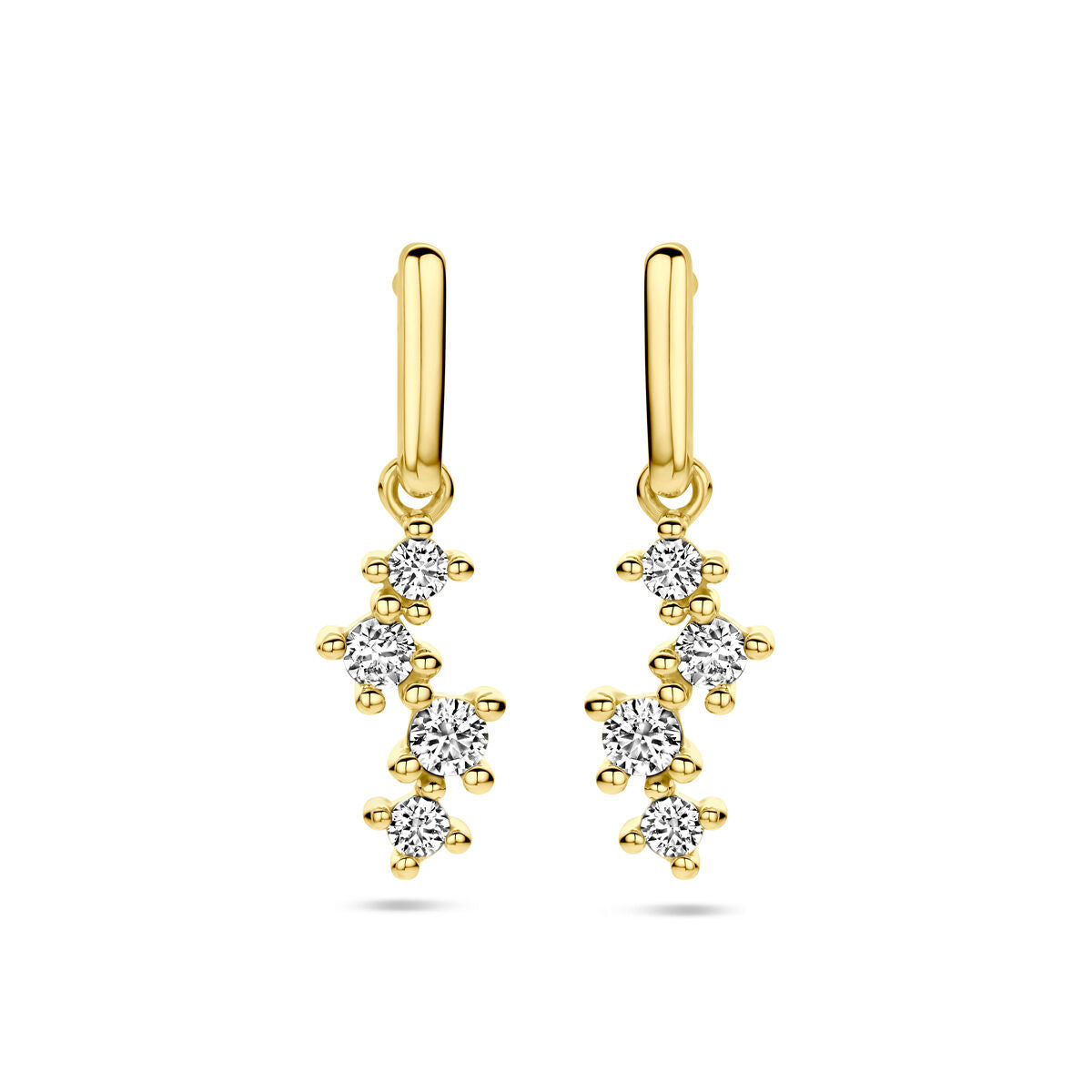 De Van der Kooij Collectie oorhangers zirkonia 14K geelgoud hebben clusters van sprankelende ronde zirkonia's in een bloemmotief - een elegante keuze voor liefhebbers van damessieraden.