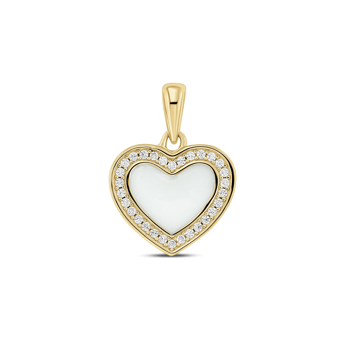De Demi | AsHanger massief | Zirkonia van Juwelier van der Kooij is een gouden, hartvormige ashanger vervaardigd uit 14 karaats goud met een parelmoeren kern, omringd door zirkonia stenen en afgewerkt met een gouden oogje om aan een ketting te bevestigen.