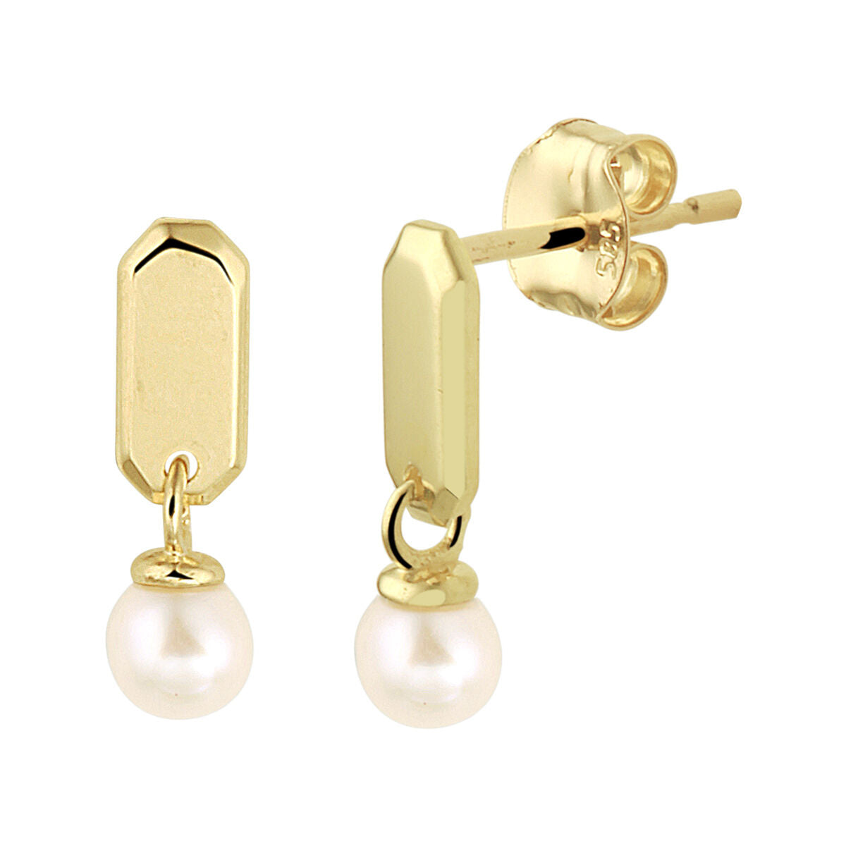 Oorhangers van 14K geelgoud met een octagonale schakel en een parel aan de onderzijde.