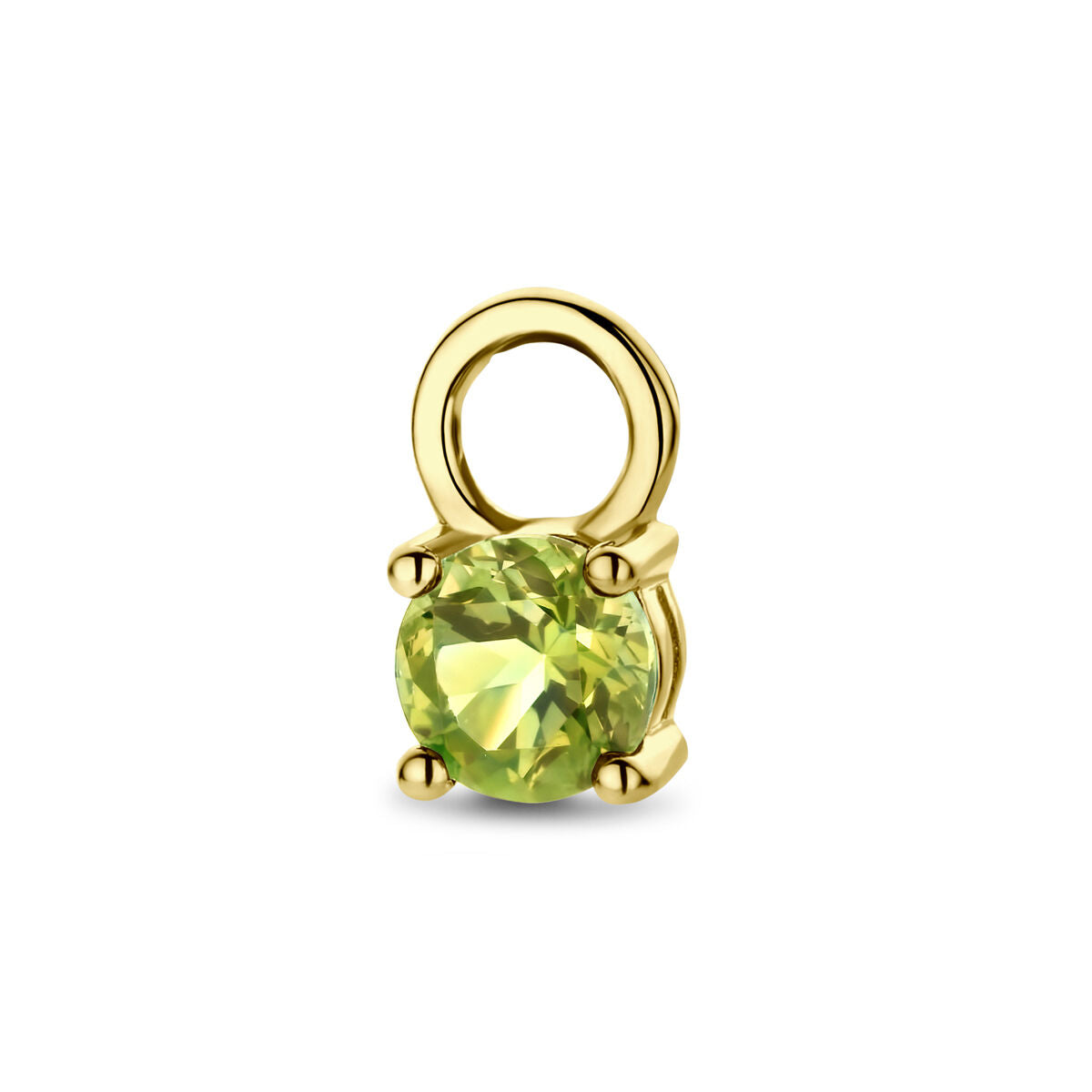 Oorringhanger van 14K geelgoud met een ronde, groene peridot steen.