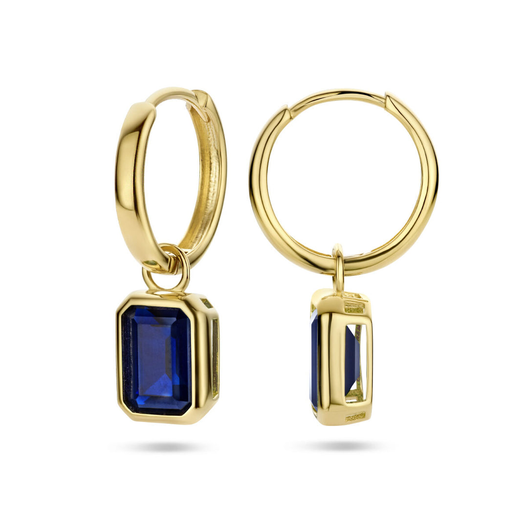 klapoorringen blauw zirkonia 14K geelgoud