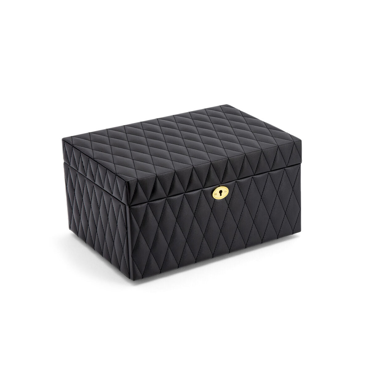 De sieradenbox zwart toebehoren van Van der Kooij Collectie is een rechthoekig, zwart gewatteerd doosje met ruitpatroon en goud slot aan de voorkant, perfect voor dames, afgebeeld op een witte achtergrond.