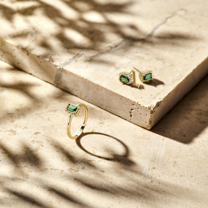 ear studs green and white zirconia halo 14K yellow gold