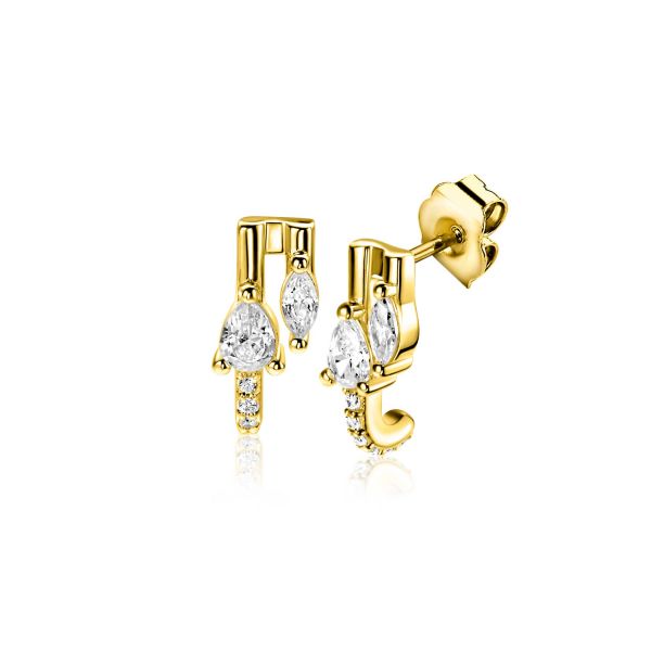 Gouden oorbellen met heldere, marquise en ronde zirconia-steentjes.