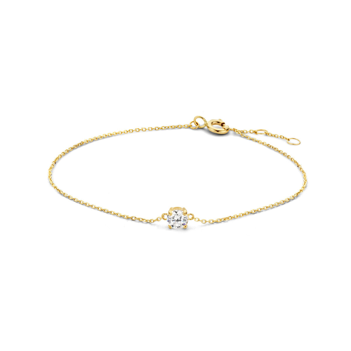 De Gouden armband dames zirkonia 14K van Van der Kooij Collectie is een delicate 14k geelgouden armband met centraal bloemvormig cluster van heldere zirkonia en een stevige karabijnsluiting.