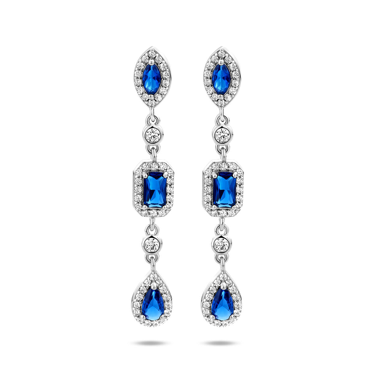 Oorhangers van gerhodineerd zilver met witte zirkonia en blauwe saffieren in verschillende vormen.