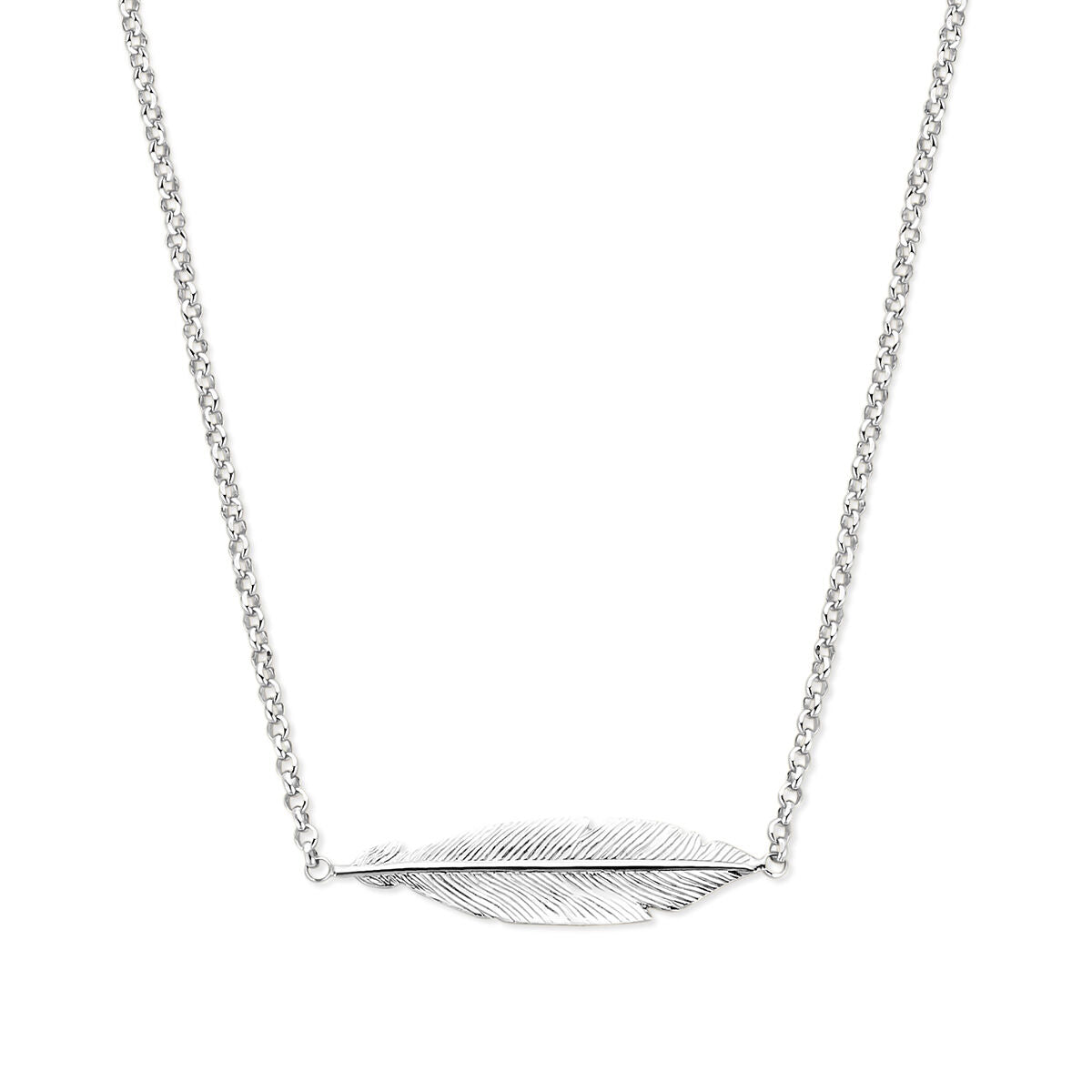 De Van der Kooij Collectie collier veer 40,5 + 3 cm zilver gerhodineerd heeft een dunne jasseron schakel en een gedetailleerde veervormige hanger, weergegeven op een effen witte achtergrond.