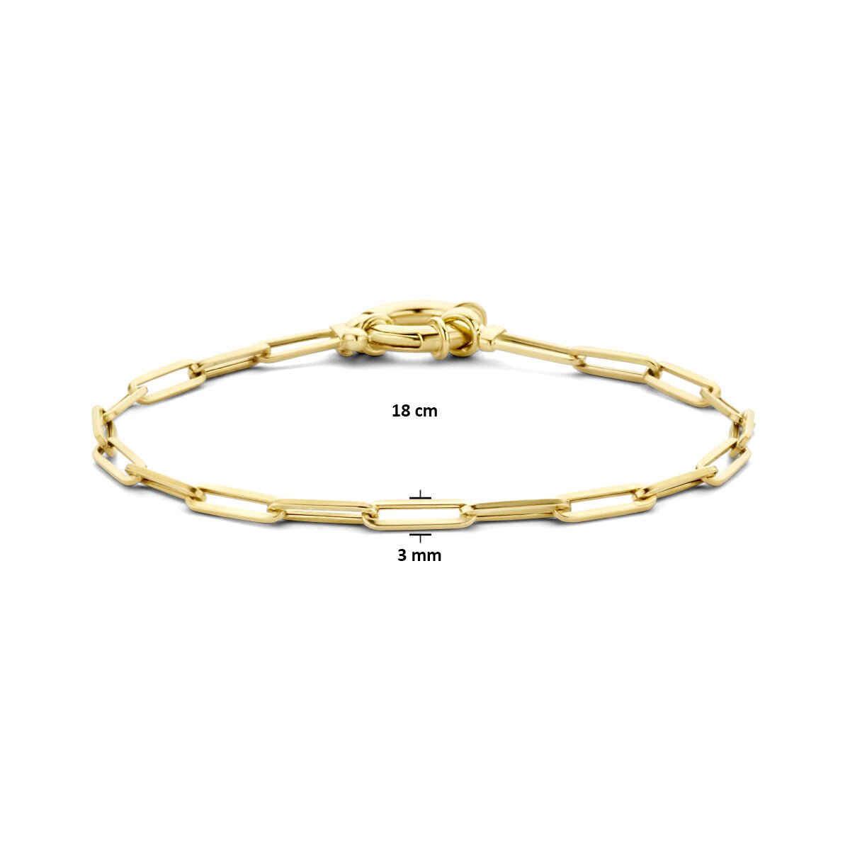 De Van der Kooij Collectie armband paperclip vierkante buis 3,0 mm 18 cm met groot veerslot is een 14K geelgouden damesarmband met vierkante buis schakels, geïnspireerd op de paperclip stijl en afgebeeld op een witte achtergrond.