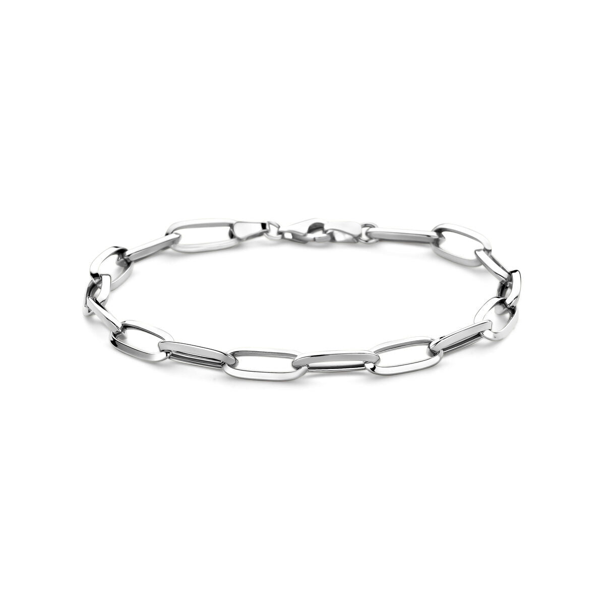 De Van der Kooij Collectie "armband gesloten forever 5,8 mm 19 cm" is een 14K witgouden schakelarmband met langwerpige, ovaalvormige schakels en een eenvoudige sluiting, afgebeeld op een witte achtergrond.