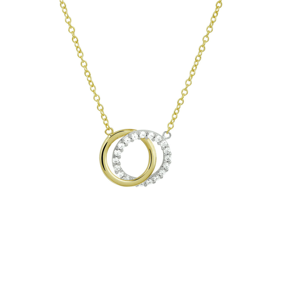 Collier met twee ringen, één in geelgoud en één bezet met zirkonia, 40-44 cm lang.