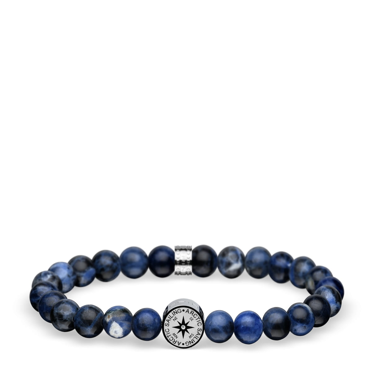 Blauwe armband van natuursteen met een kompasbedel en zilveren details.