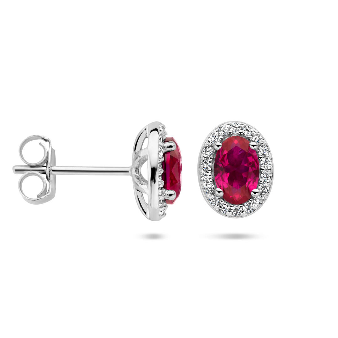 oorknoppen rood en wit zirkonia halo zilver gerhodineerd