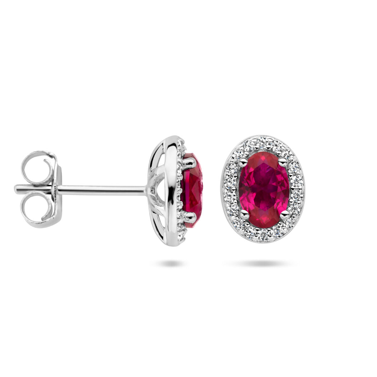 oorknoppen rood en wit zirkonia halo zilver gerhodineerd