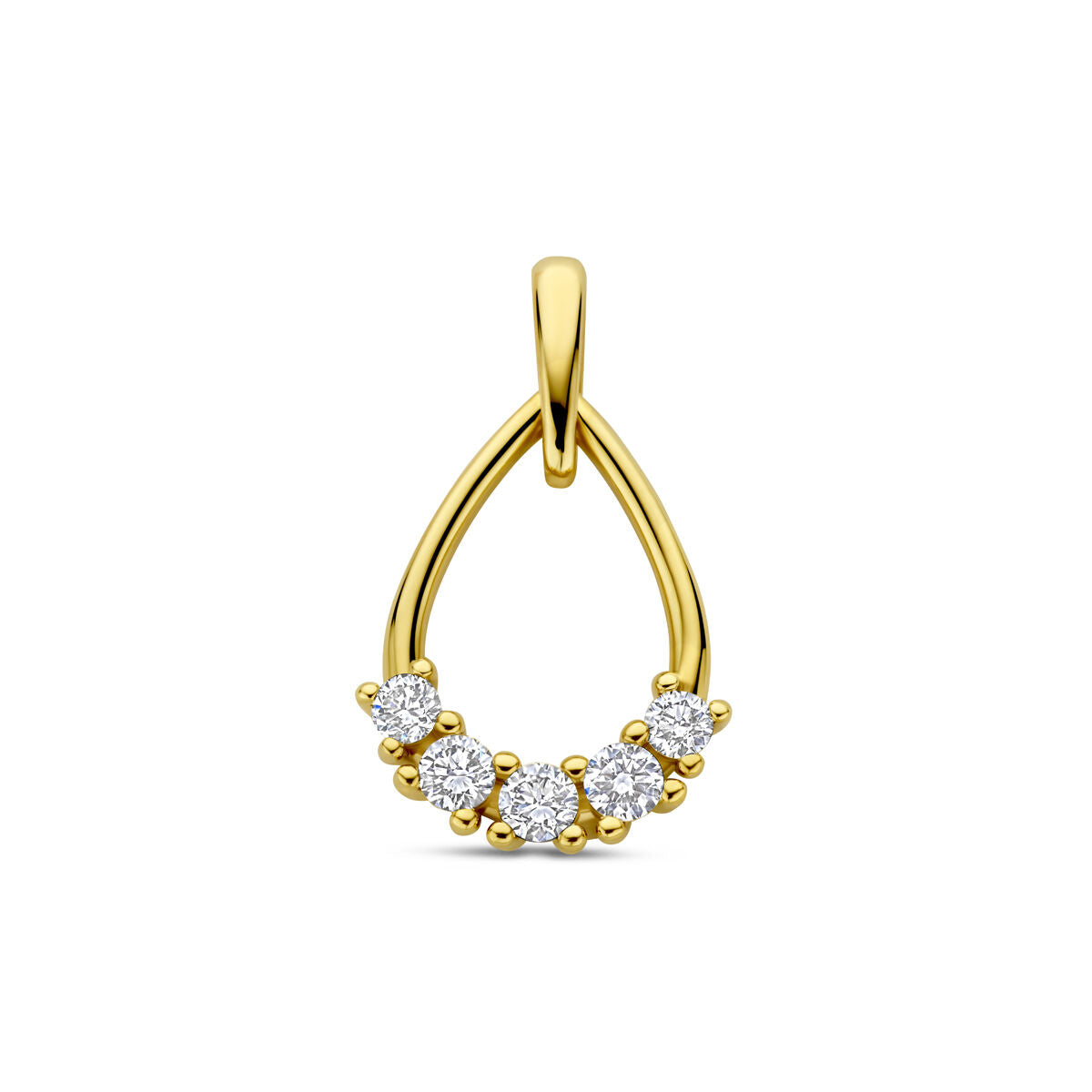 Gouden hanger in druppelvorm met vijf lab grown diamanten, uitgevoerd in 14k geelgoud.