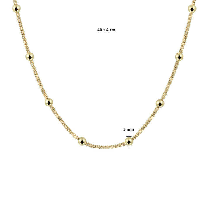 Van der Kooij Collectie collier bolletjes 3,0 mm 40 + 4 cm, minimalistisch design in geel zilver verguld; afgebeeld op witte achtergrond met maataanduiding voor een exclusieve uitstraling.