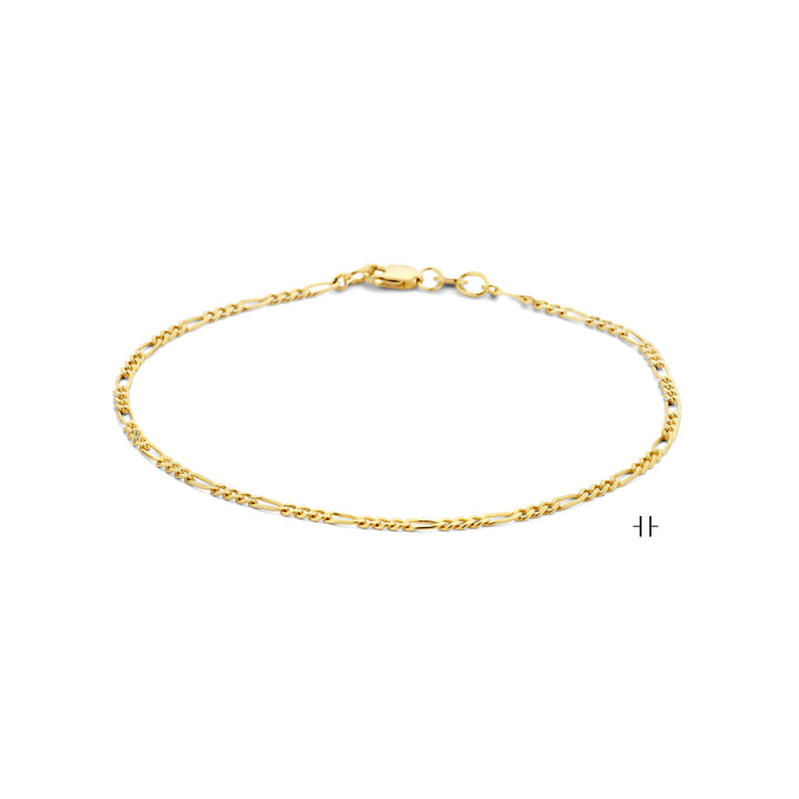 De Van der Kooij Collectie armband figaro 1,8 mm 14K geelgoud heeft een delicate figaro schakel en kleine karabijnsluiting, prachtig weergegeven in een cirkel op een effen witte achtergrond.