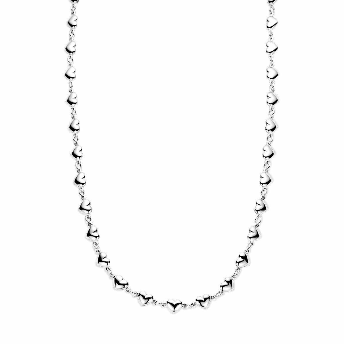 Collier van gerhodineerd zilver met hartjes, lengte 41 + 4 cm.