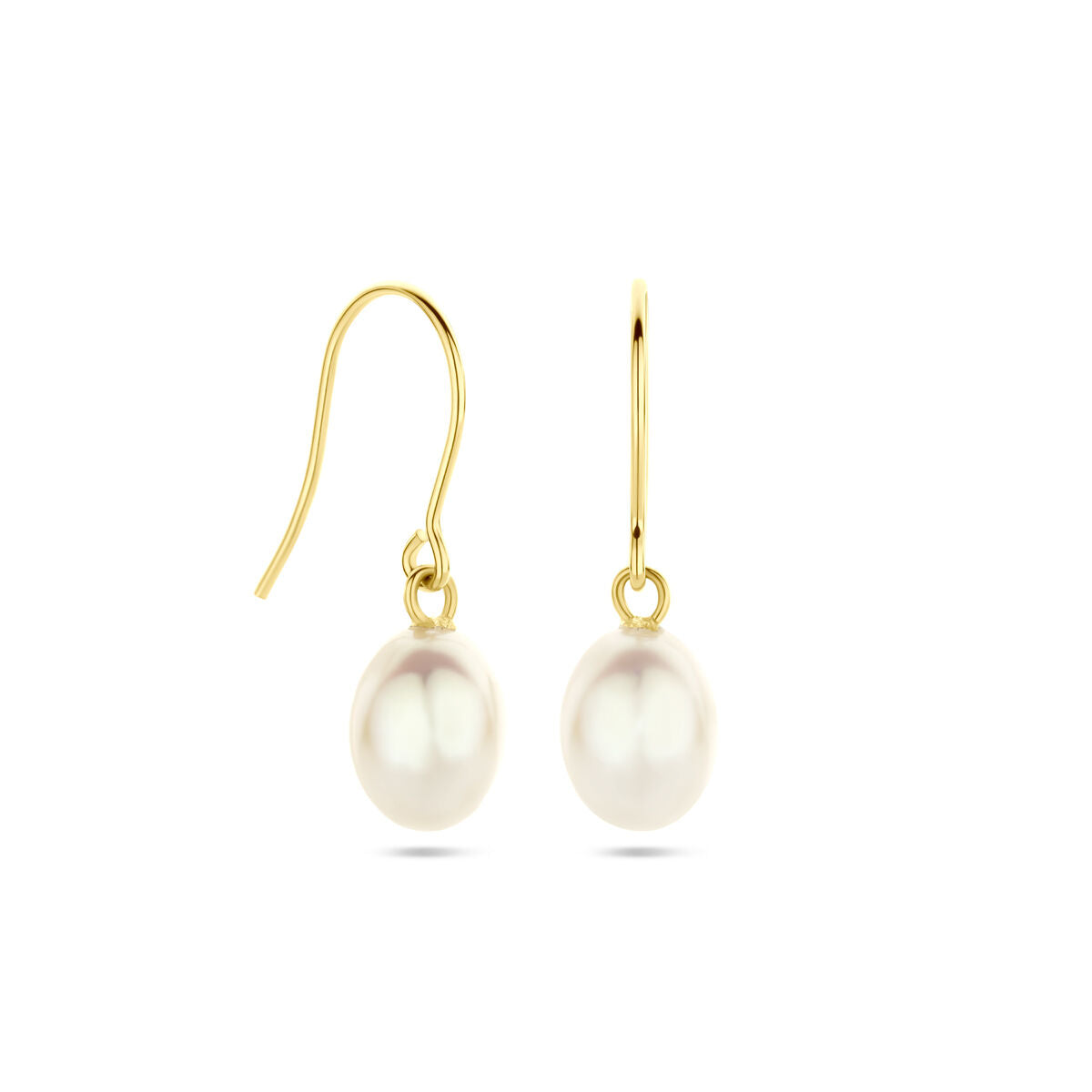 Een paar 14K geelgouden oorhangers franse haak parel 24 mm van Van der Kooij Collectie, elk met een ronde witte parel, weergegeven op een witte achtergrond.