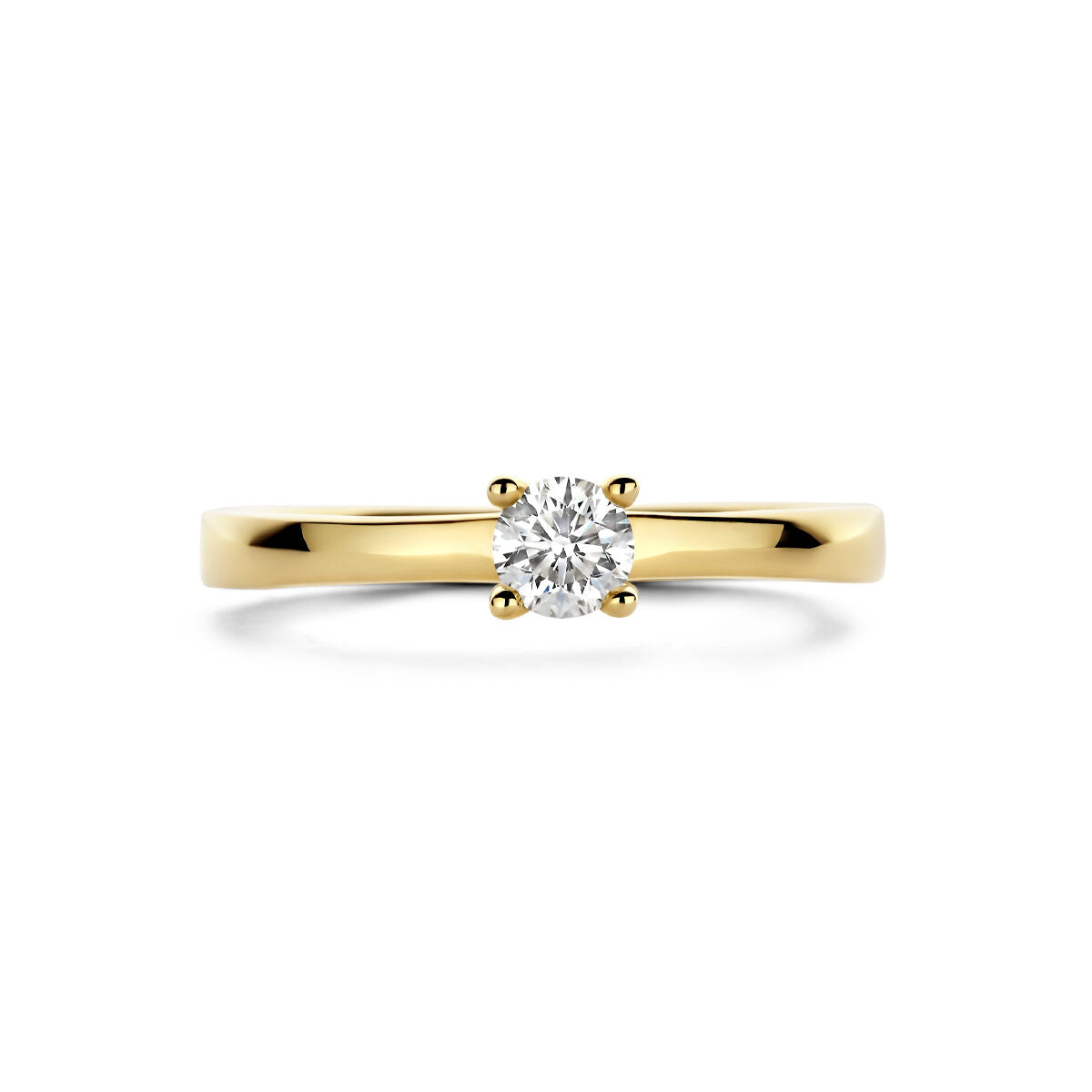De Van der Kooij Collectie ring diamant 0,25ct H SI 14K geelgoud is een geelgouden solitaire ring met een ronde, in prongs gezette diamant, elegant weergegeven tegen een witte achtergrond.