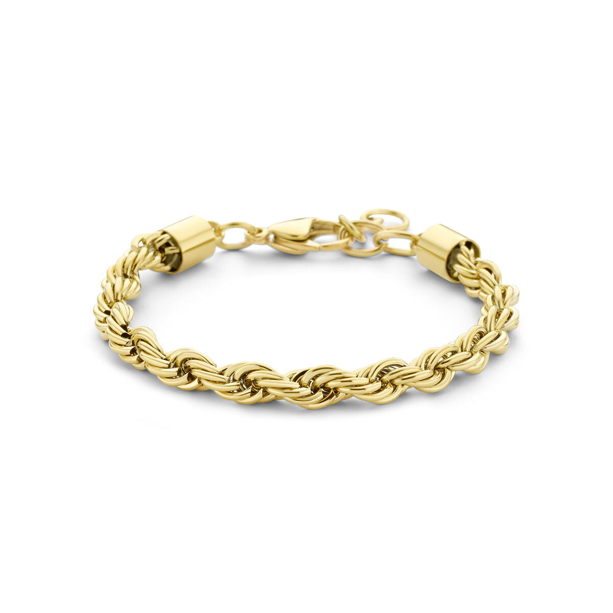 De Van der Kooij Collectie armband koord 5,7 mm (17 + 3 cm) is een goudkleurige ion plating edelstalen damesarmband met touwketting, karabijnsluiting en gepolijste afwerking, stijlvol getoond op een witte achtergrond.