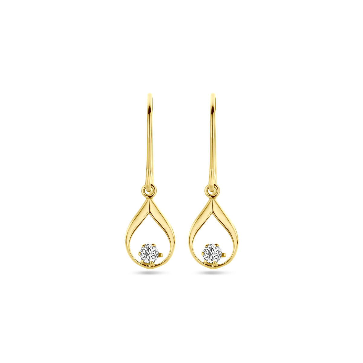 Deze oorhangers franse haak zirkonia 23 mm van de Van der Kooij Collectie zijn vervaardigd uit 14K geelgoud met een traan open frame en subtiel zirkonia-steentje, en hebben een tijdloos elegant ontwerp.