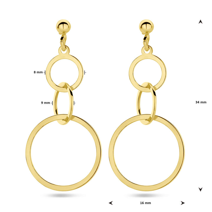 De Van der Kooij Collectie oorhangers cirkels 1 micron zilver verguld (geel) zijn voorzien van drie geschakelde open cirkels in verschillende maten van 34 mm lang voor een chique, modern accent bij elke outfit.