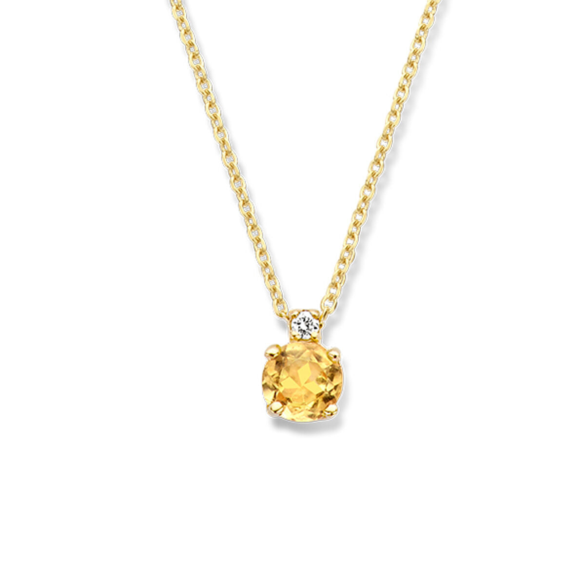 Collier van 14K geelgoud met een citrien hanger en een diamant van 0.015ct, 40 cm lang.