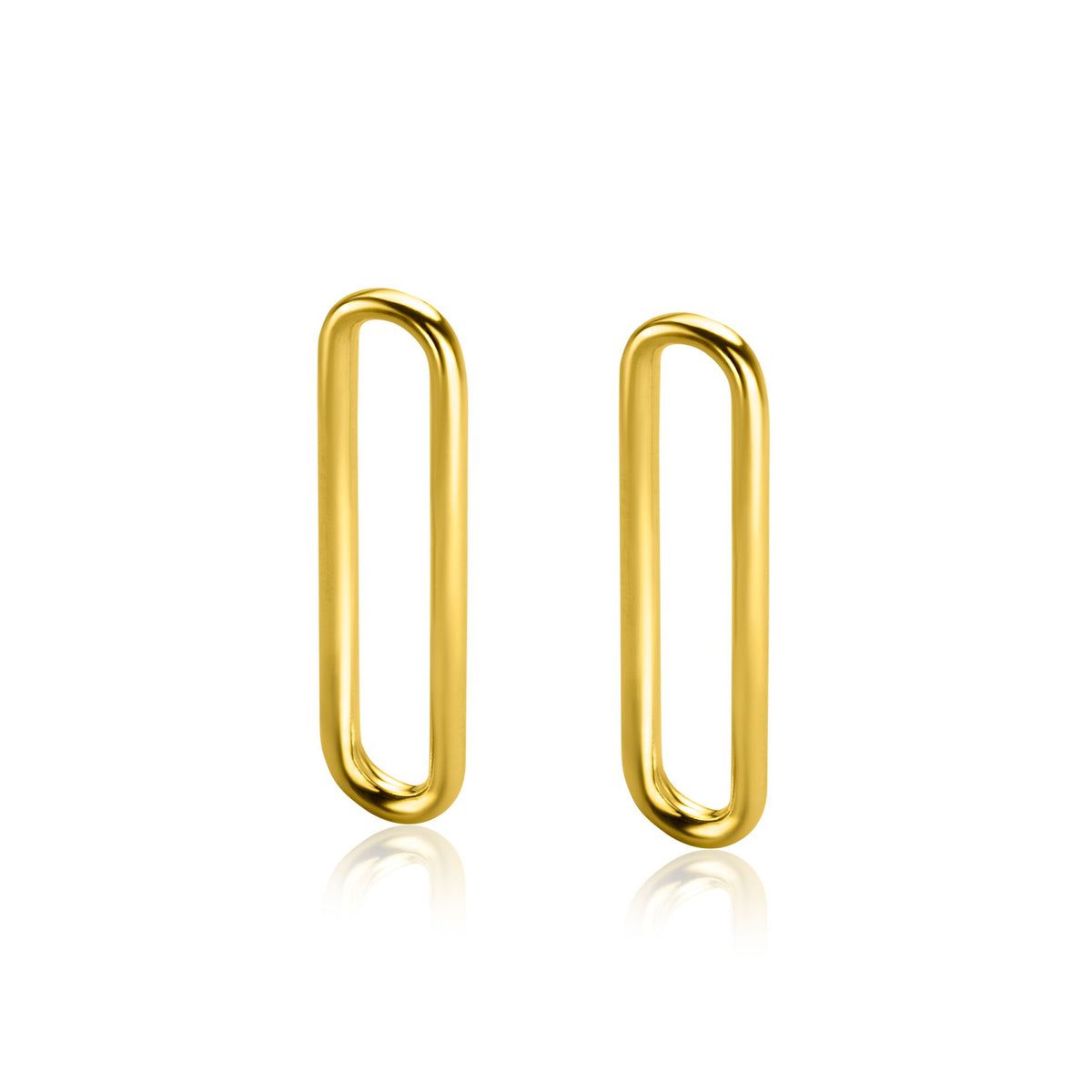 De Zinzi Oorbedels Gold Plated Zich2416 G zijn minimalistische, vergulde oorbellen met een ovale vorm en een gladde, glanzende afwerking, rechtopstaand afgebeeld op een witte achtergrond.
