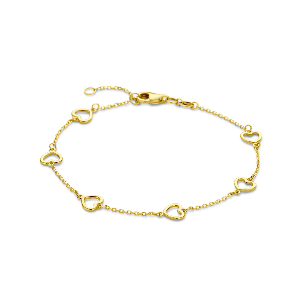 Gouden armband met hartjes van 14K, voorzien van een schakelsluiting.