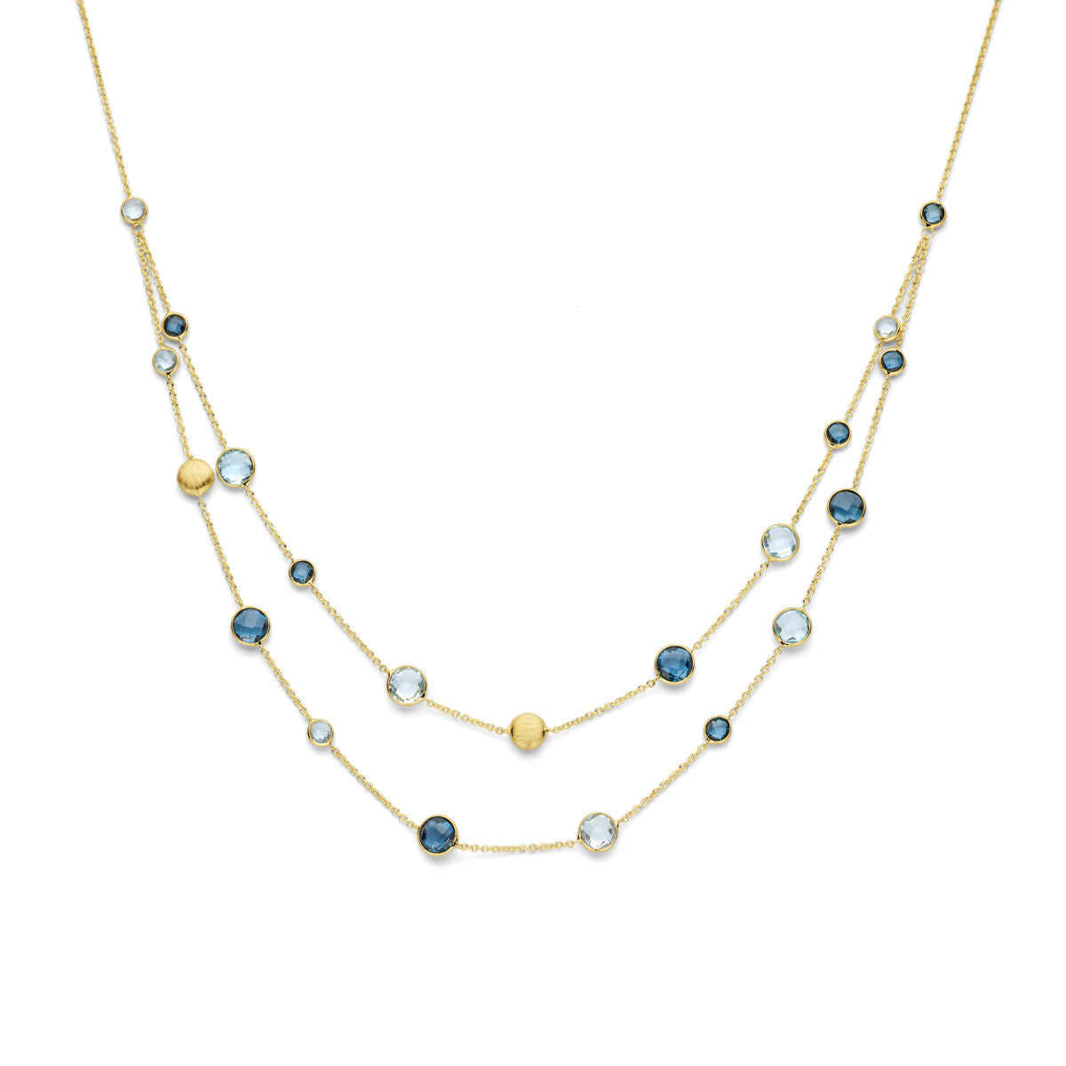 Collier van 14K geelgoud met ronde sky blue topaas en london blue topaas, 45 cm lang.