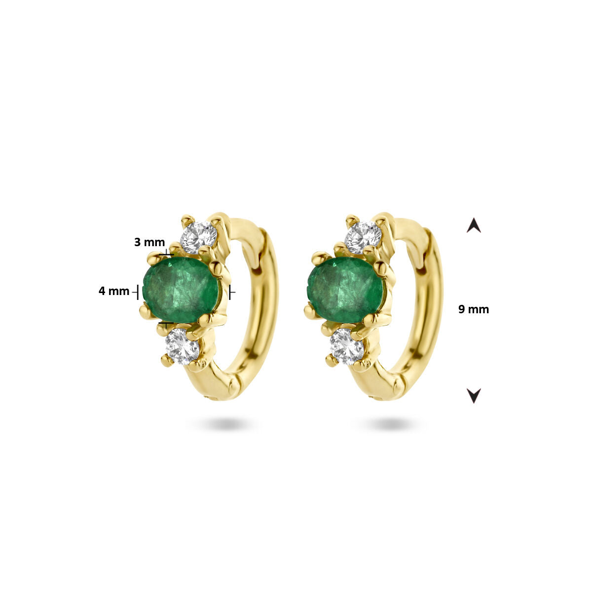 klapoorringen smaragd en diamant 0.10ct (2x0.05ct) h si 14K geelgoud