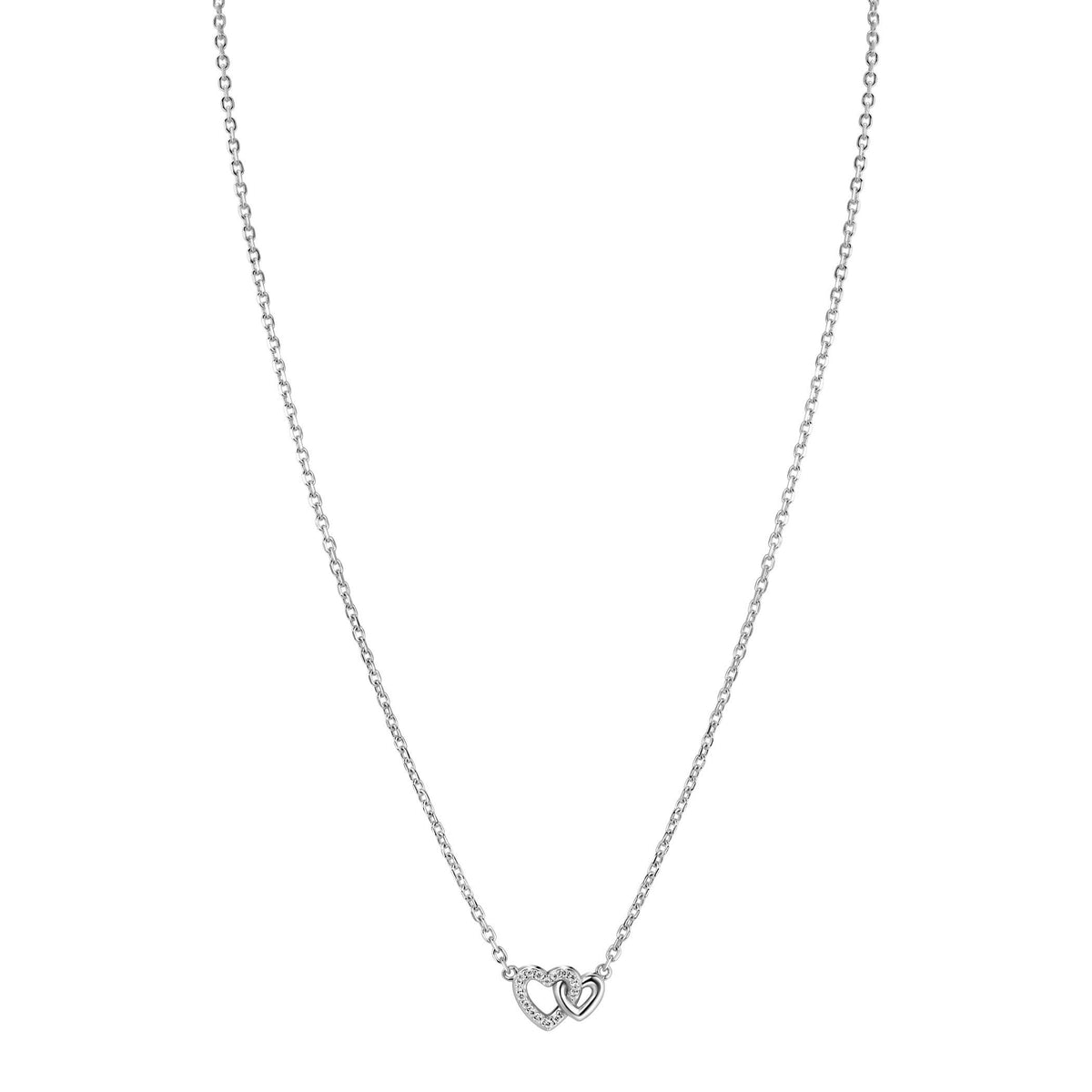 De Zinzi ketting Zilver ZIC2493 is een delicate zilveren ketting met twee verbonden hartjes, verfraaid met subtiele witte zirkonia's. Dit elegante sieraad van Zinzi combineert minimalisme met verfijnde details.