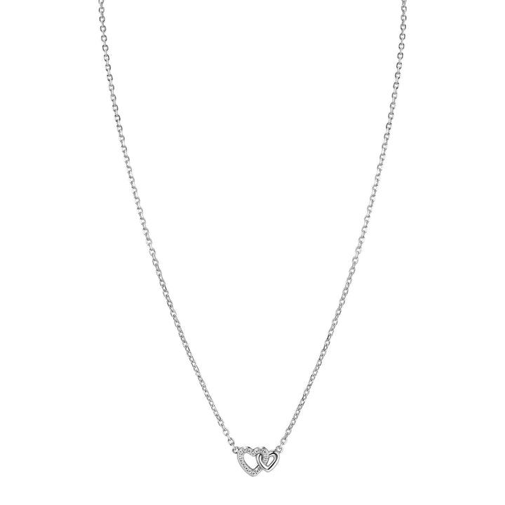 De Zinzi ketting Zilver ZIC2493 is een delicate zilveren ketting met twee verbonden hartjes, verfraaid met subtiele witte zirkonia's. Dit elegante sieraad van Zinzi combineert minimalisme met verfijnde details.