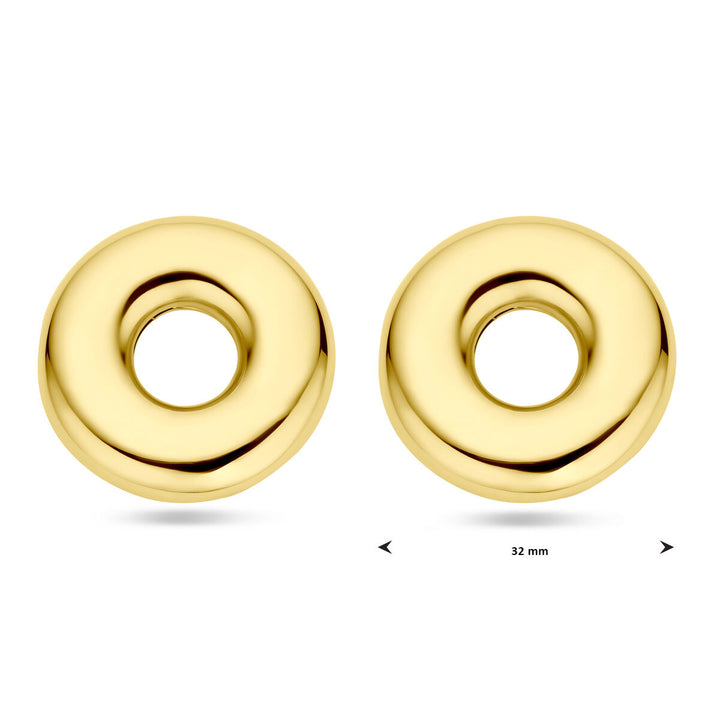 Twee oorknoppen uit de Van der Kooij Collectie, rond en goudkleurig (32 mm, 1 micron zilver verguld), liggen zij aan zij op een witte achtergrond met een maatindicator eronder.