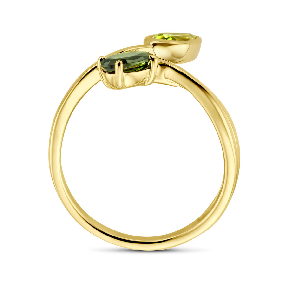 De Van der Kooij Collectie ring groen toermalijn, peridot en diamant 0.03ct h si in 14K geelgoud is afgebeeld tegen een witte achtergrond.