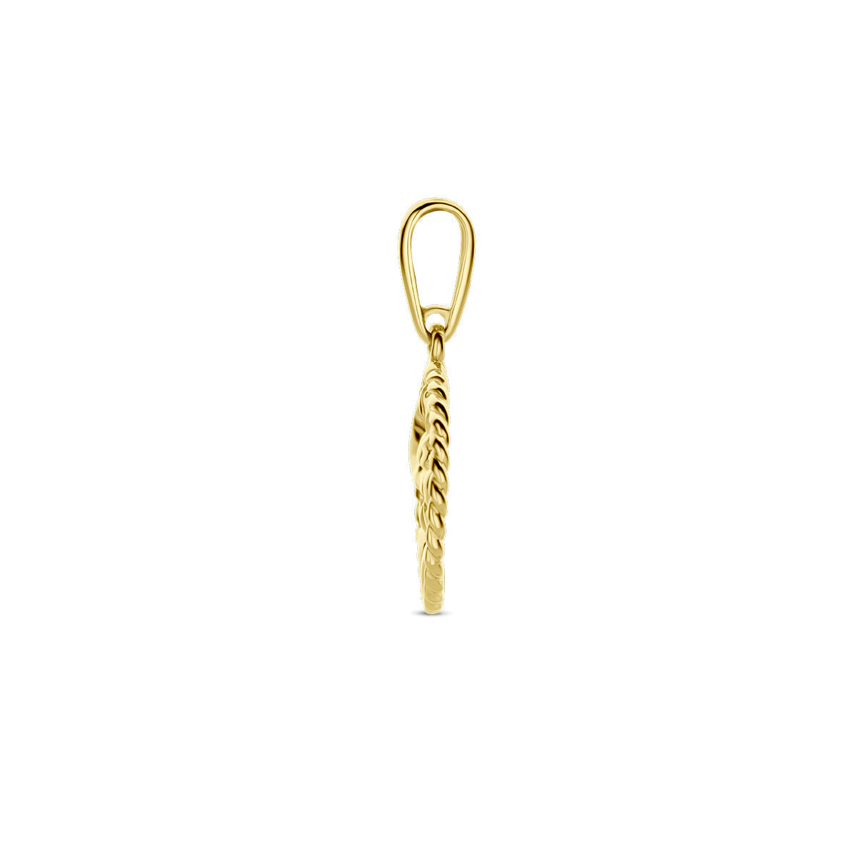 De hanger met geboortebloem 14K geelgoud van de Van der Kooij Collectie wordt getoond vanaf de zijkant tegen een witte achtergrond, waardoor het delicate bloemontwerp en de eenvoudige lus worden benadrukt - een tijdloos stuk onder de luxe sieraden.