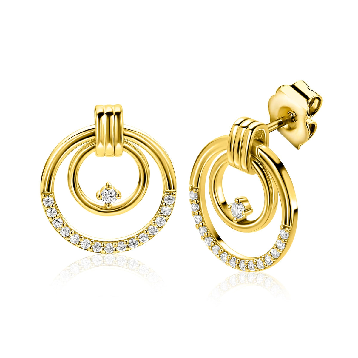 Gouden oorstekers van zilver met dubbele cirkels en sprankelende steentjes, diameter 21 mm.