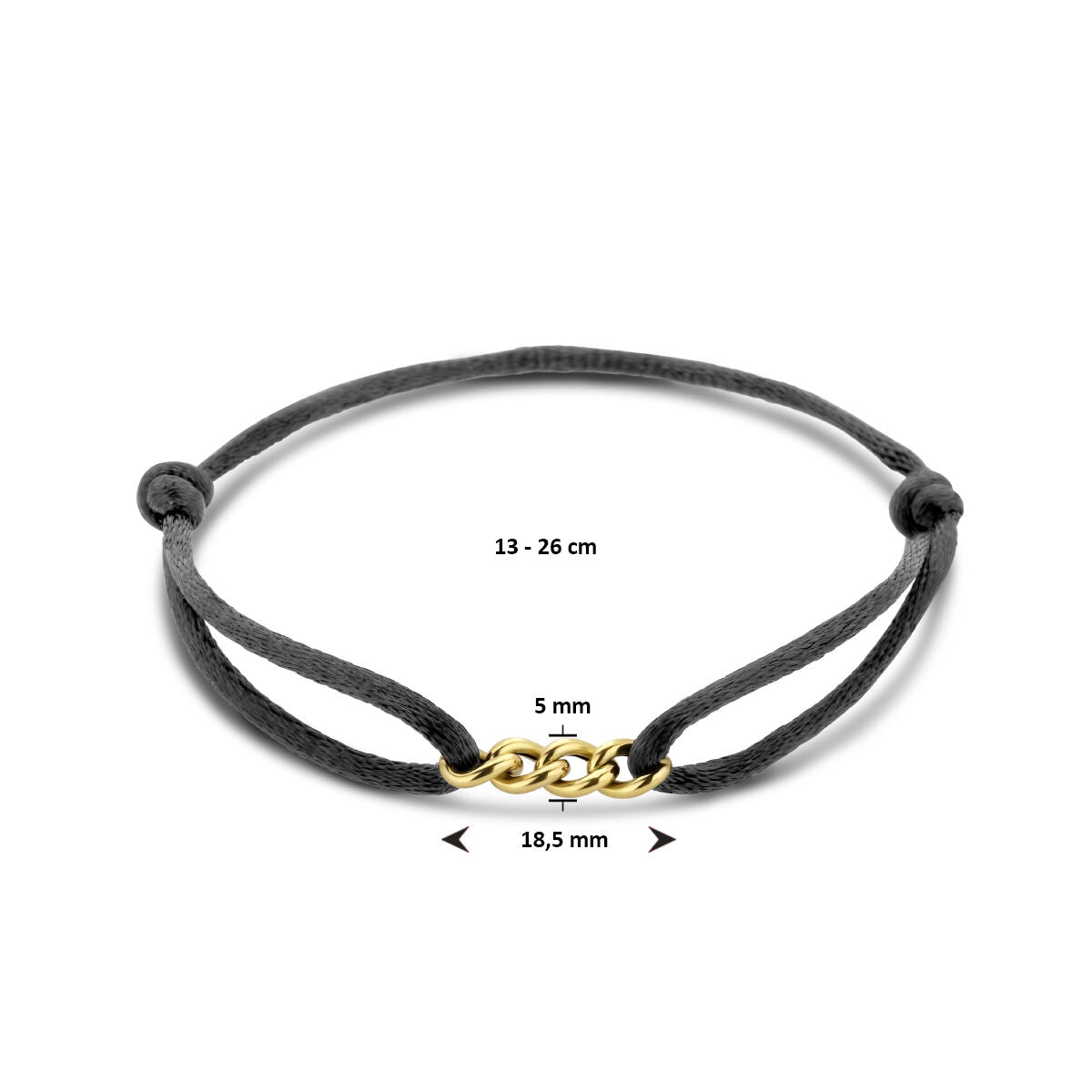 De Van der Kooij Collectie armband satijn 14K goud met rubber/nylon/leer heeft een verstelbaar zwart koord (13-26 cm) met een centraal 14K goud detail (18,5 mm x 5 mm), een combinatie van verfijnde stijl en moderne materialen.