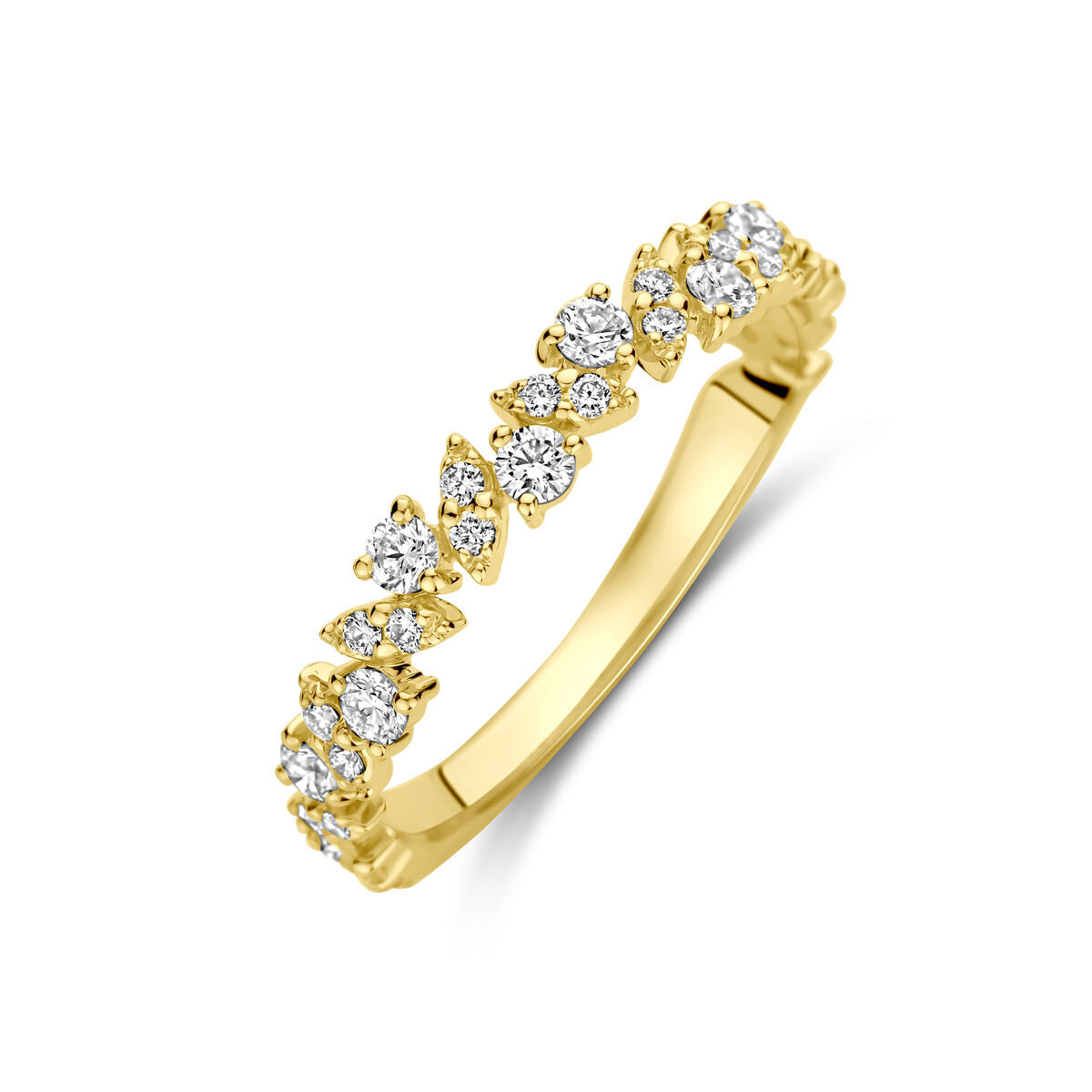 Geelgouden ring met 0.49 ct diamanten in een bloemvormig ontwerp.