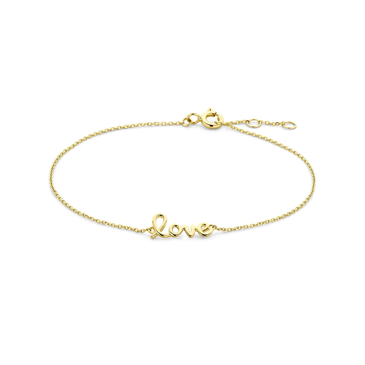 Armband van 14K geelgoud met een 'love' lettertype, verstelbaar van 16,5 tot 18,5 cm.