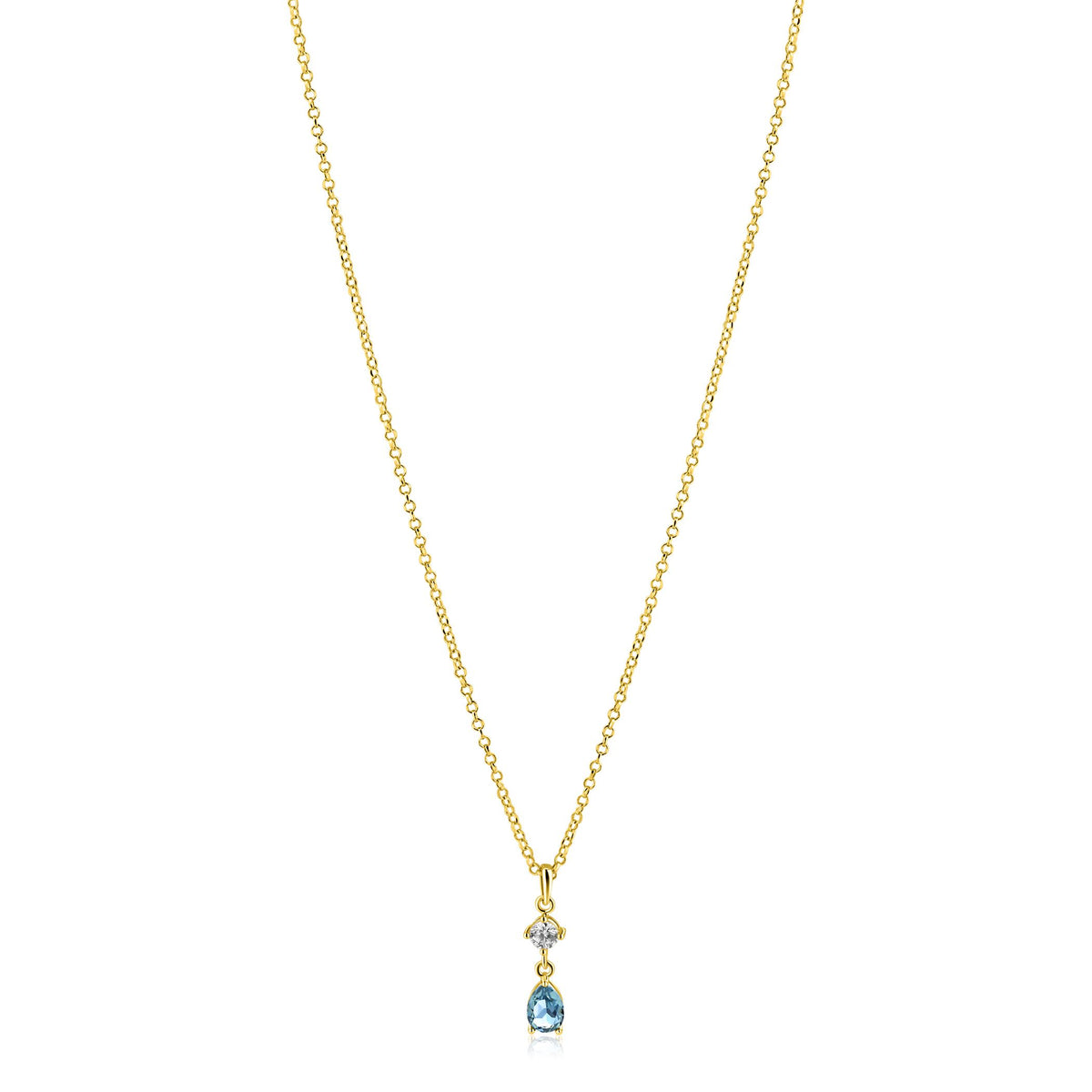 Vergulde ketting met een druppelvormige blauwe steen en twee heldere steentjes.